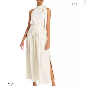 Pleated maxi dress with high neck, can be tied, and split hem